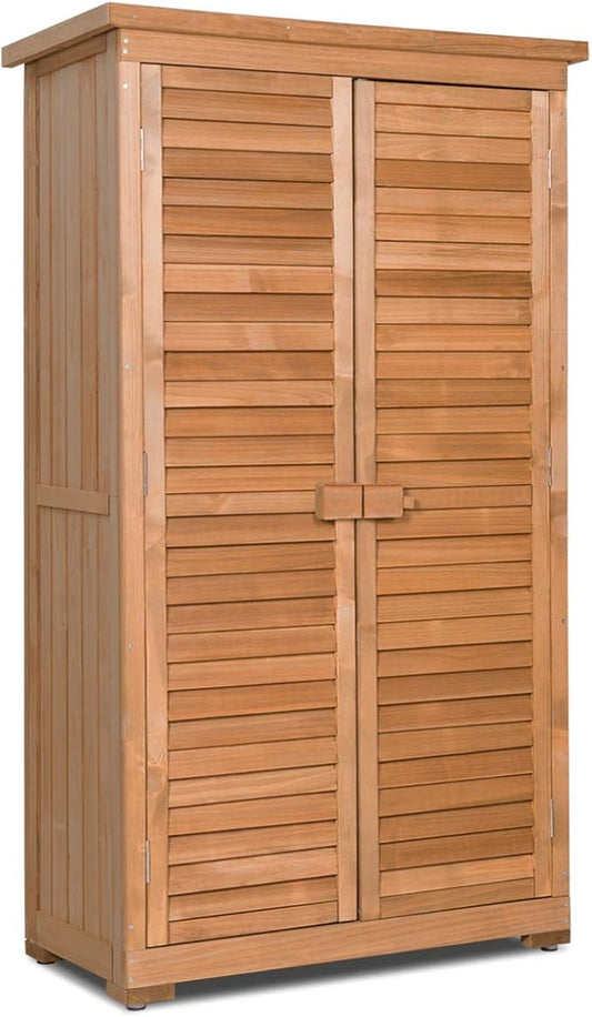 Goplus Outdoor Storage Cabinet, Wooden Storage Shed with Latch, Detachable Shelves & Weather Resistant Pitch Roof, Vertical Garden Tool Organizer for Outside Yard Patio Deck