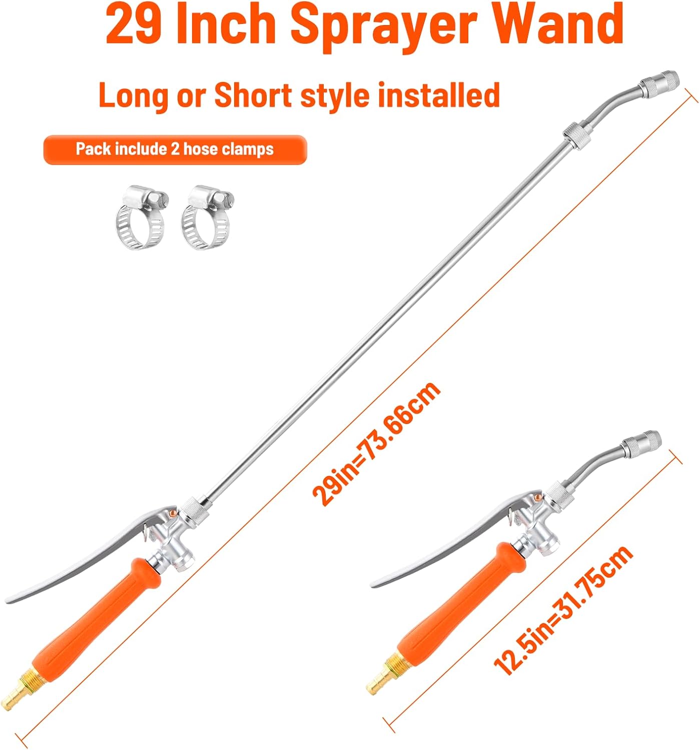 29 Inch Spray Wand Replacement, Brass Barb Match 1/4" & 3/8" Sprayer Wand Hoses, Adjustable Nozzle Stainless Steel Sprayer Wand with Shut off Valve for Weed Garden Car Wash (Orange, 29 inches*1)