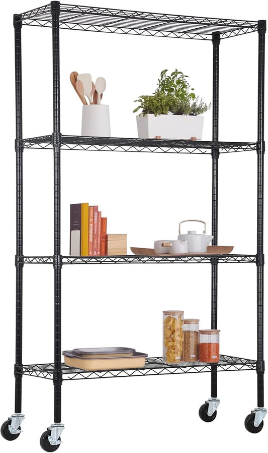 FDW | 4-Tier Wire Storage Shelves with Wheels | 36"x14"x62" | Black | Adjustable Racks | Heavy-Duty Metal Shelf, Holds Upto 500 lbs | Tool-Free Assembly, Rust-Resistant | for Home & Garage Shelving