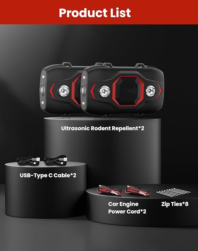 2 Pack Ultrasonic Rodent Repellent for Car Engines, Under Hood Mouse Repellent with 4 LED Strobe Lights, USB Powered, Keep Rats, Mice and Squirrels Away from Vehicles, RVs, Garages, Attics (2, Black)
