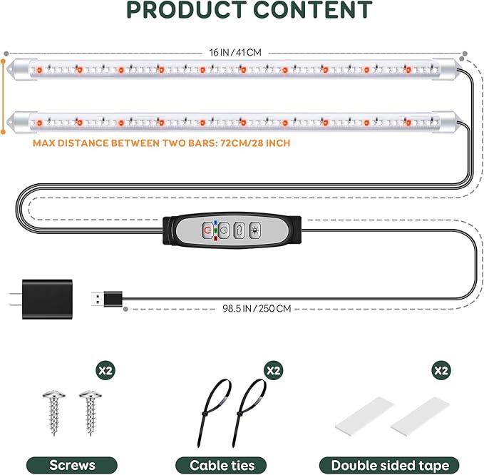 2 Bars Grow Light Strips for Indoor Plants with Auto ON/Off Timer 6/12/18H, 5 Dimmable Levels for Shelves Plant Growing (2 Bars, 1 Pack)