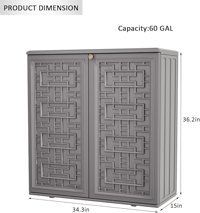 KINYING Outdoor Storage Cabinet Waterproof, Resin 60 Gallon Deck Box for Patio Furniture Cushions, Garden Tools, Pool Tools and Kids’ Toys (Grey with 1 Shelving)