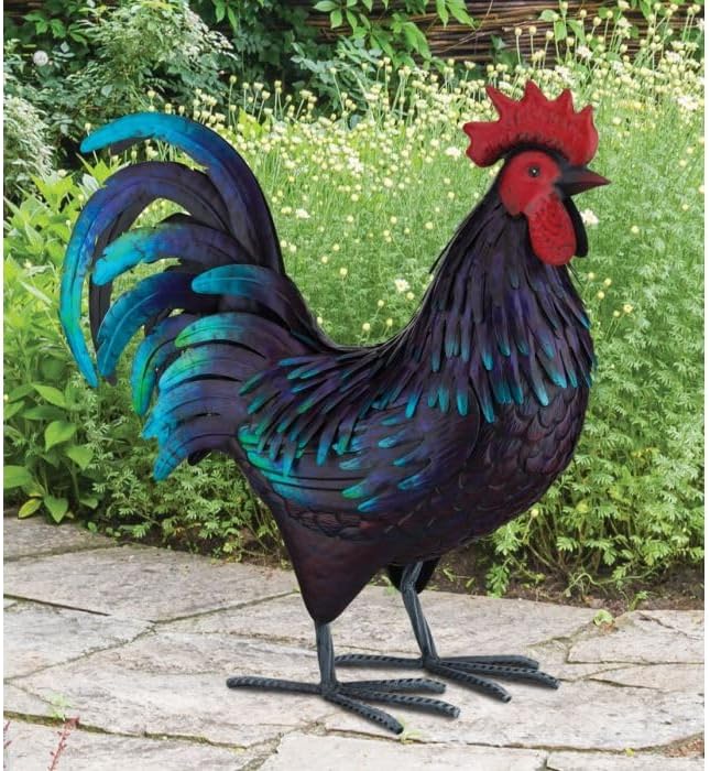 Regal Art & Gift Handcrafted Metal Rooster Statue, Weather-Resistant Farmhouse Yard Art, Indoor/Outdoor Garden Sculpture, Detailed Feather Design, Decorative Bird for Home & Garden. 21.5" Height
