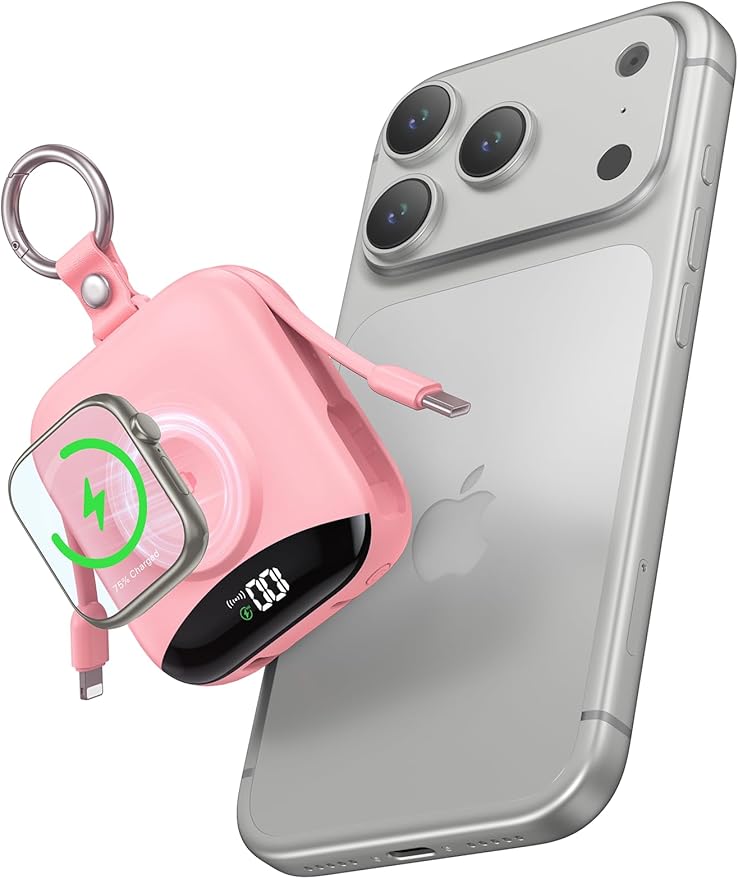 Portable Charger, 10000mAh 22.5W Fast Charging Power Bank with Built-in Cables, Travel Essential Battery Pack with LED Display, Keychain Battery Phone Charger for iPhone, iWatch 10/9/8/7/6/SE/5/4 Pink