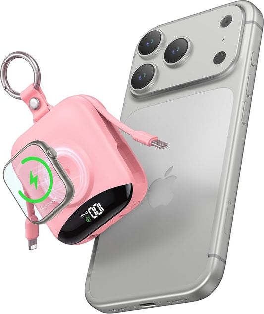Portable Charger, 10000mAh 22.5W Fast Charging Power Bank with Built-in Cables, Travel Essential Battery Pack with LED Display, Keychain Battery Phone Charger for iPhone, iWatch 10/9/8/7/6/SE/5/4 Pink