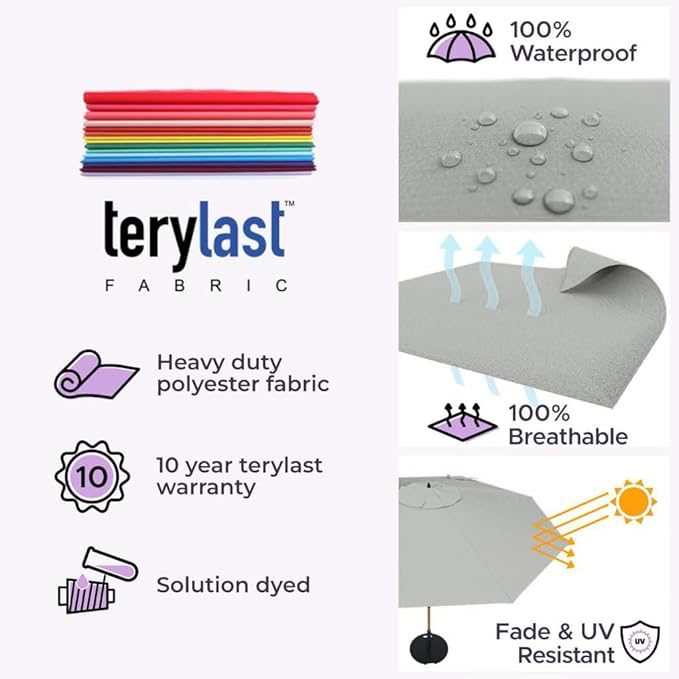 Midtown Umbrellas The Swilt 8 Feet Patio Umbrella in Terylast Matter (Grey) Polyester Fabric - Fiberglass Ribs, Auto-Tilt Aluminum Frame For Backyard, Deck, Garden, Pool - White Pole