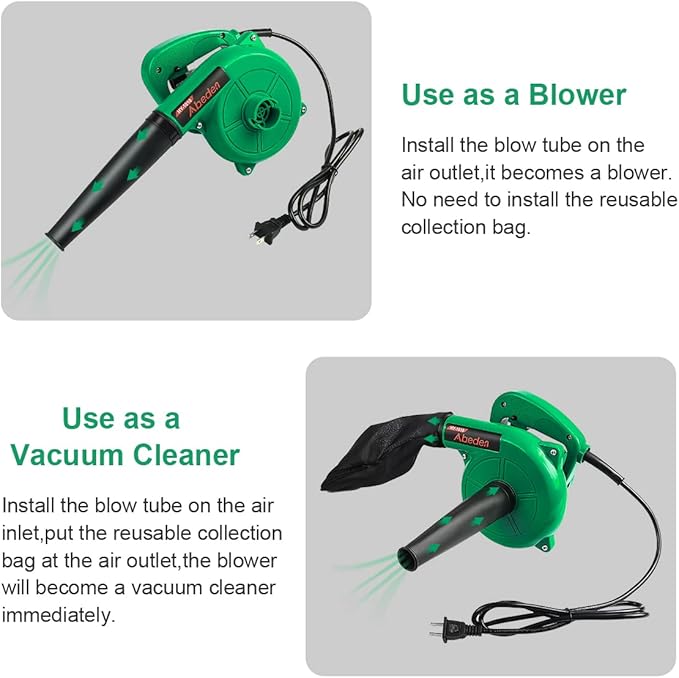 Corded Electric Leaf Blower,2 in 1 Small Handheld Lightweight Sweeper/Vacuum,110V 400W Portbale Blower for Leaf/Snow/Dust Blowing (Green)
