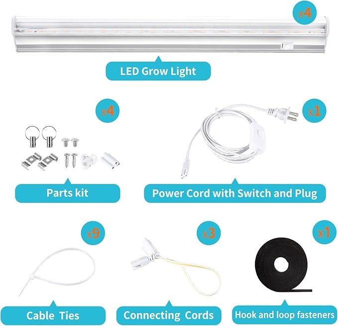 1FT T5 4-Pack Grow Lights for Indoor Plants, 3000K Warm Full Spectrum LED , Plant Grow Lamps with Side Switch, Suitable for Greenhouse Seed Starting, Vegetables, Plug and Play, Easy Installation