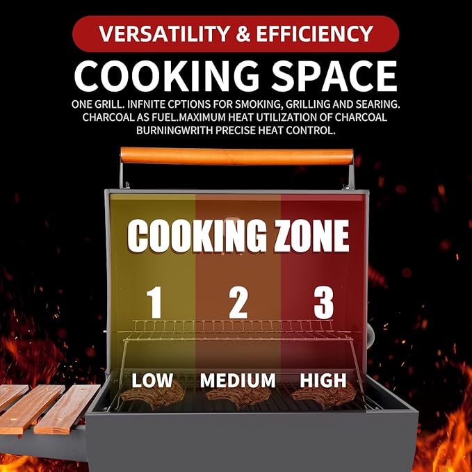 Charcoal Grill with Temperature Gauge - Large Outdoor Barrel Barbecue Grill with SideTable, 406 sq in Cooking Space for 6-10 People, ldeal for Camping and Backyard BBQ