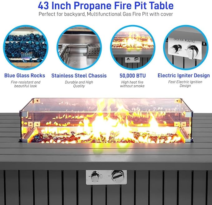 SereneLife Outdoor Propane Fire Pit Table - CSA/ETL Certified 50,000 BTU Pulse Ignition Weatherproof Rectangle Propane Gas Fire Table w/Adjustable Flame - Glass Rocks Wind Guard, Black SLFPSX55