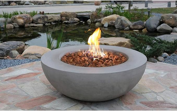 Elementi | Lunar Gas Fire Pit Cast Concrete 42" Round Fire Table, Outdoor Fire Pit Electronic Ignition | Canvas Cover, Lava Rock Included | Light Gray (Natural Gas)