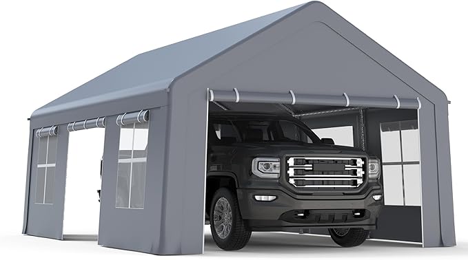 GAOMON 13x20 ft Heavy Duty Carport, Portable Garage with 3 Doors & 5 Ventilated Windows, Waterproof Car Canopy Outdoor Shed with Removable Sidewalls for Pickup Truck Boat, Grey