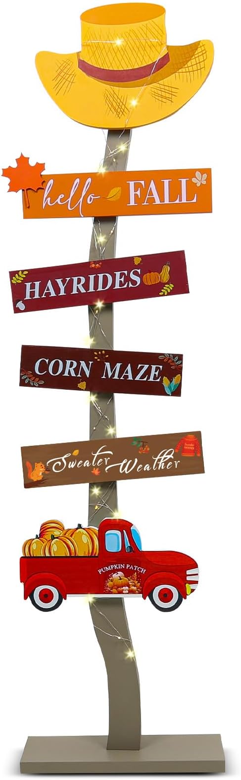 Lighted Wood Hello Fall Porch Sign,Fall Welcome Porch Decor,Autumn Maple Pumpkin Truck Sweater Weather Standing Wooden Signs for Home Front Door Yard Party Decor