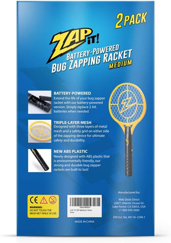 Zap It Bug Zapper Battery Powered (2xAA Included) Bug Zapper Racket, 3,500 Volt, 2 Pack