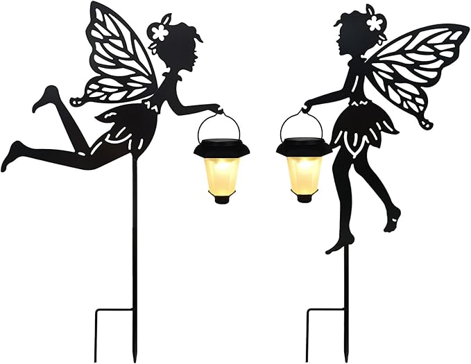 Solar Fairy Garden Stake Decorative Lantern, 2 Pack Metal Fairy Angel Garden Silhouette Lights for Lawn, Pathway, Patio, Yard Outdoor Decor