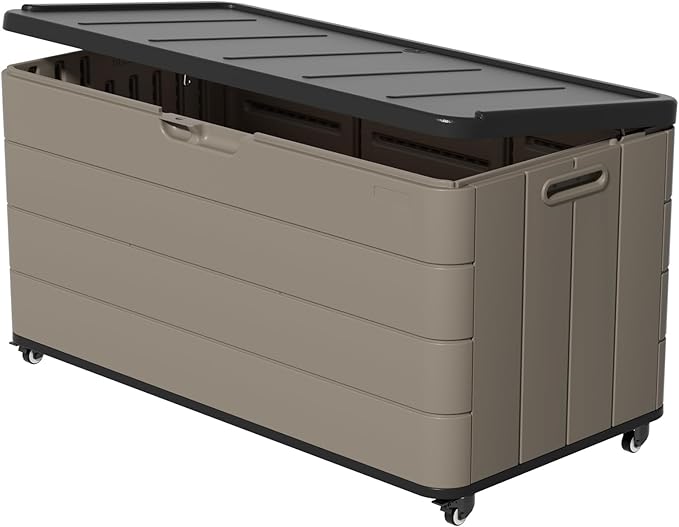 ZZM 110 Gallon Outdoor Deck Box with Wheels, Waterproof Resin Storage Cabinet for Patio Cushion and Tools, Lockable Storage Box, Coffee