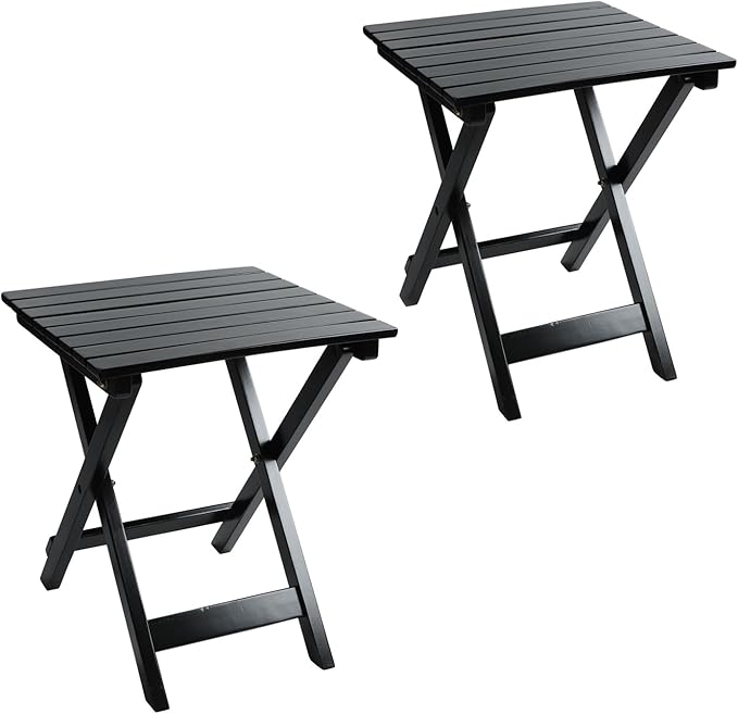Outdoor Patio Side Table Set of 2 Small Wood End Square Table Folding Coffee Furniture for Living Room, Bedroom, Plant Stand, Camping Portable Black