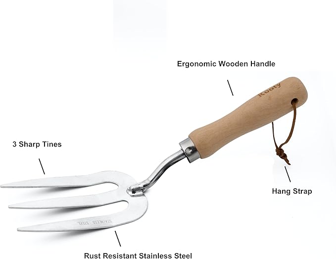 Rooty Gardening Hand Weeder Fork with Stainless Steel,Wooden Handle Easy for Planting, Spreading Mulch, Wedding, Loosening and Transplanting Soil/Rust Resistant