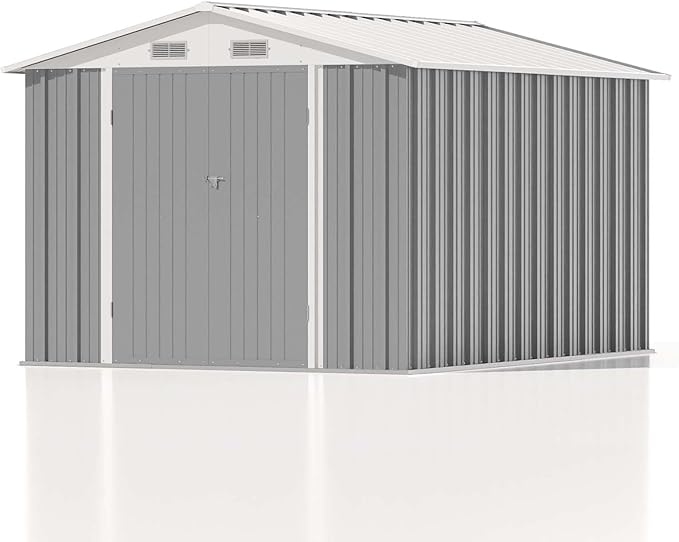 Patiowell 8x10 FT Outdoor Storage Shed, Large Garden Tool Metal Shed with Sloping Roof and Double Lockable Door, Outdoor Sheds for Backyard Garden Patio Lawn,Grey