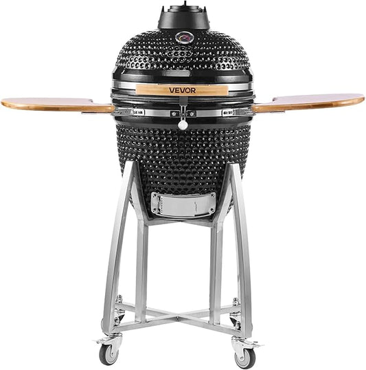 VEVOR Charcoal Smoker and Grill, 18" Kamado Charcoal BBQ Smoker, Movable Ceramic Barbecue Grill with 4 Wheels (2 Lockable), Built-in Thermometer, Air Vents & Side Shelf for Outdoor Patio Yard Cooking
