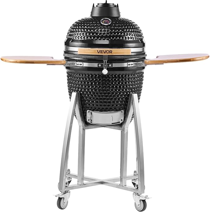 VEVOR Charcoal Smoker and Grill, 18" Kamado Charcoal BBQ Smoker, Movable Ceramic Barbecue Grill with 4 Wheels (2 Lockable), Built-in Thermometer, Air Vents & Side Shelf for Outdoor Patio Yard Cooking