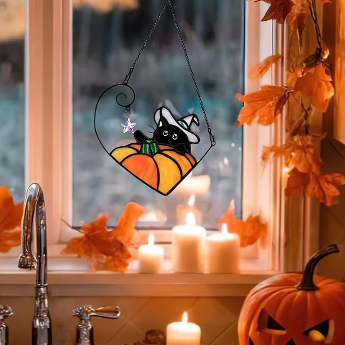 BOXCASA Black Cat Decor Stained Glass Window Hangings Pumpkin Ornament,Halloween Decor Witch Hat Cat Suncatcher for Window,Colorful Crystal Star Halloween Cats Themed Gift for Cats Lover