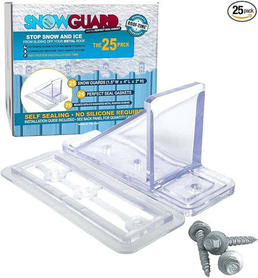 25 Pack Snow Guards for Metal Roofs – with Perfect Seal Gaskets & Screws – Heavy-Duty Polycarbonate Snow Stops Prevent Sliding Snow & Ice – Roof Snow Retention System | Made in USA