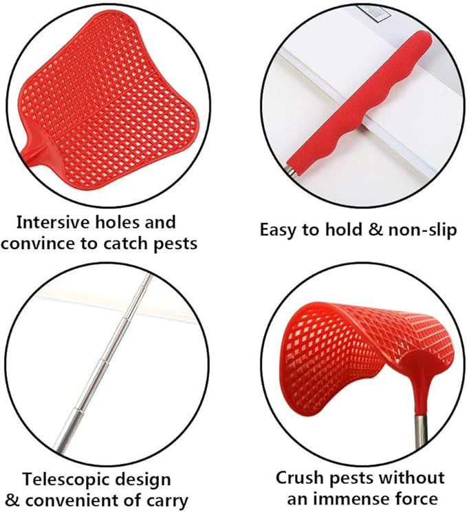 foxany Fly Swatters Extendable, Durable Plastic Fly Swatter Heavy Duty Set, Telescopic Flyswatter with Stainless Steel Handle for Indoor/Classroom/Office (3 Pack)