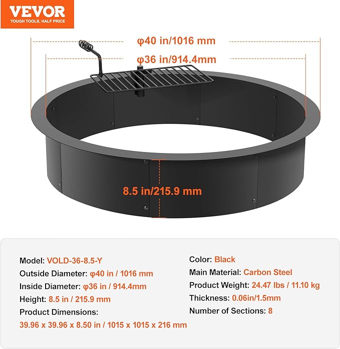 VEVOR Fire Pit Ring, Fire Pit Insert with Barbecue Fire Ring, 40-in Outer/36-In Inner Diameter, 8.5in Height, Carbon Steel Liner DIY Campfire Ring Above/In-Ground, for Outdoor Camping, Bonfires