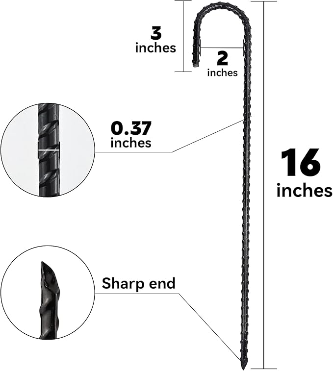 16 Inch J-Hook Rebar Stakes, HeavyDuty Anti-Rust Ground Anchors for Chainlink Fence, Garden Dog Fence, Sports nets, Camping Tent, Etc (20 Pack)