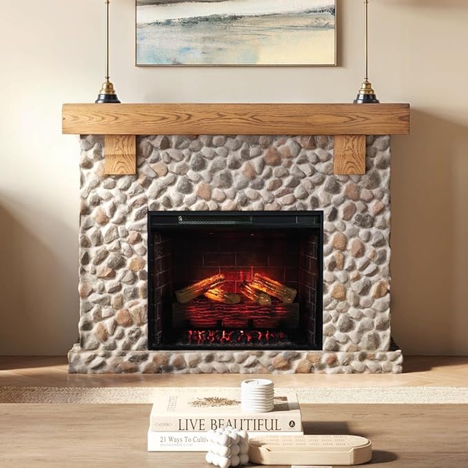 Country Living - Glenbrook Fireplace Mantel Package, 28”, Alexa/WiFi Enabled Fireplace Insert, Cast Stone River Rock Surround, 1500W