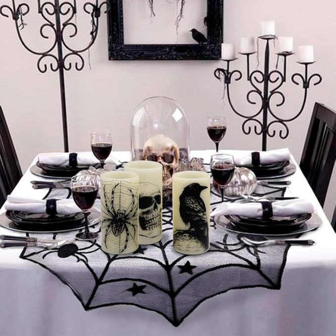 DRomance Halloween Flameless Flickering Candles Battery Operated with 6 Hour Timer White Real Wax Spooky LED Pillar Candles Skull Spider Crown Decals Hallloween Indoor Decor(3 x 6 Inches)