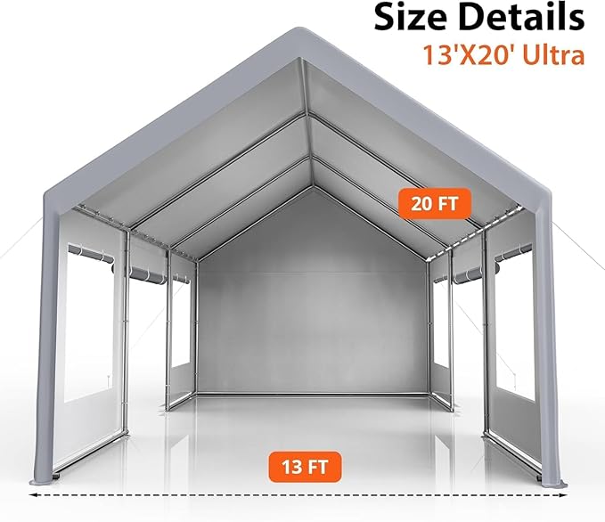 Garvee 13x20 ft Heavy Duty Carport, Extra Large Galvanized Steel Car Canopy with All-Season Tarp Cover, 4 Roll-Up Doors & Mesh Windows, Portable Garage Shelter for Car, Truck, SUV, Boat, Grey