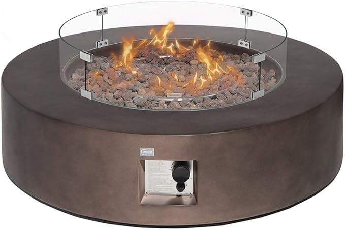 COSIEST Outdoor Propane Fire Pit Coffee Table w Bronze 42 inch Round Base Patio Heater, CSA Certified, 50,000 BTU Stainless Steel Burner, Wind Guard, Tank Outside, Free Lava Rocks, Waterproof Cover
