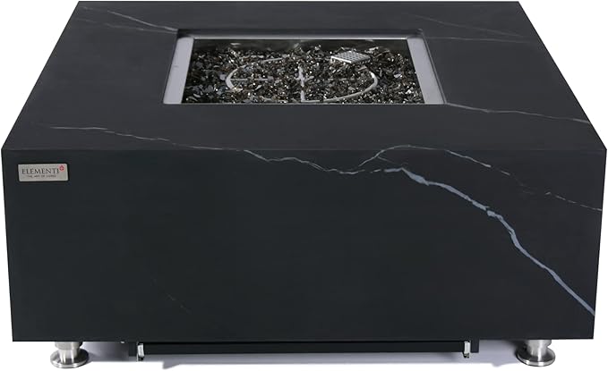 Elementi+ | Bianco Gas Fire Pit | Marble Porcelain & Metal Frame | 40" Square Fire Table | Electronic Ignition | Canvas Cover, Fire Glass & Burner Lid Included | White | Propane Gas