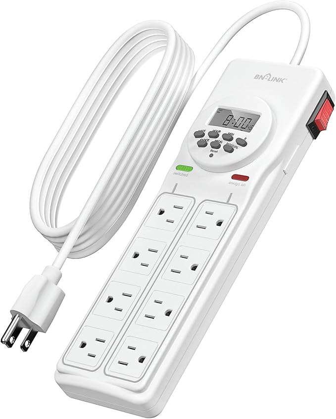 BN-LINK 8 Outlet Surge Protector with 7-Day Digital Timer (4 Outlets Timed, 4 Outlets Always On) - White