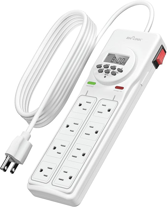 BN-LINK 8 Outlet Surge Protector with 7-Day Digital Timer (4 Outlets Timed, 4 Outlets Always On) - White