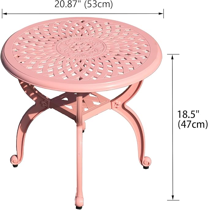 Cast Aluminum Outdoor Side Table,Small Patio Table,Outdoor Coffee Tables for Patio,Garden,Balcony, for All Weather(Pink, Round)