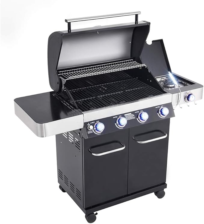 Monument Grills Larger 4-Burner Propane Gas Grills Cabinet Style, Black,LED Controls,Side Burner,USB Light-13892