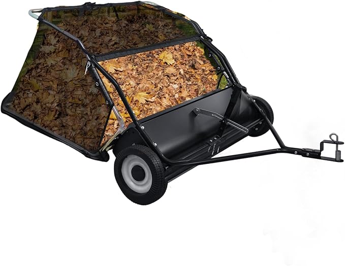 Tow Behind Lawn Sweeper, 44" Sweeping Width, 25 cu ft, Foldable Large Pull Behind Grass Sweeper, Heavy Duty Leaf & Grass Collector with Adjustable Brush Height, Dumping Rope Rubber Wheels Black