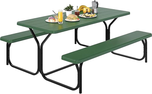 YITAHOME 6ft Outdoor Picnic Table with Wood-Like Tabletop, Sturdy Steel Frame and Umbrella Opening, Heavy Duty Picnic Table Ideal for Yard, Patio, Lawn Gatherings, Green