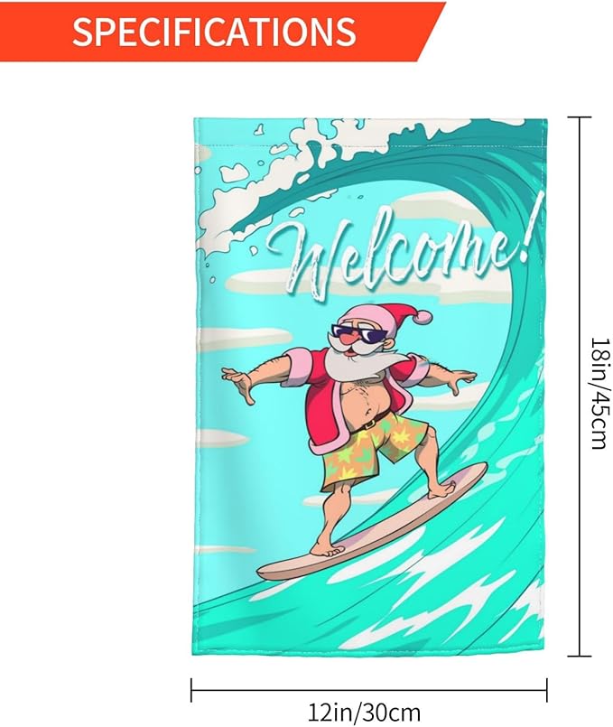 Christmas Santa Claus Hawaii Surfing Beach Garden Flag Welcome Party Outdoor Outside Decorations Picks Home House Garden Yard Decor 12x18 Inch