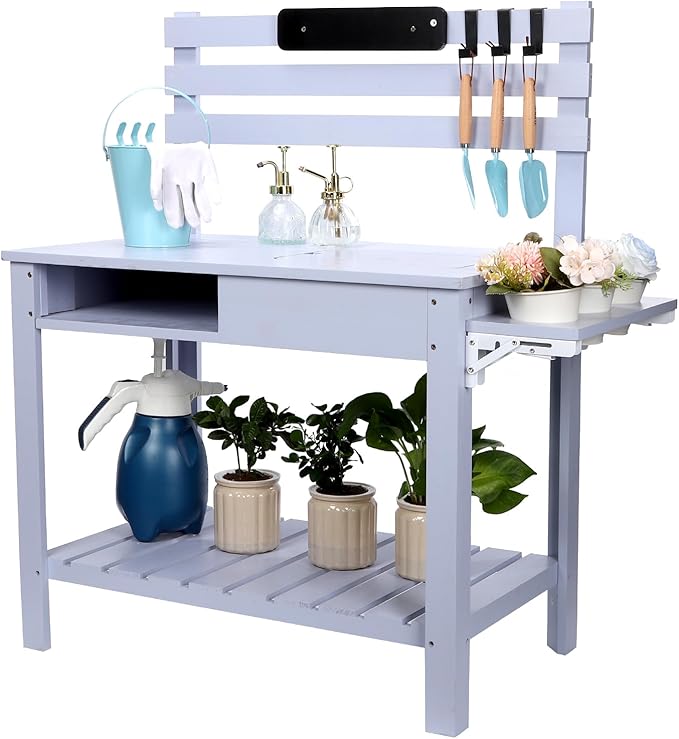 Kids Potting Bench Table Outdoor Garden Table Wooden Work Station Outdoor Garden Work Bench Platform with 3 Side Hook Shelf Natural Wood Blue Gift for Boys Girls