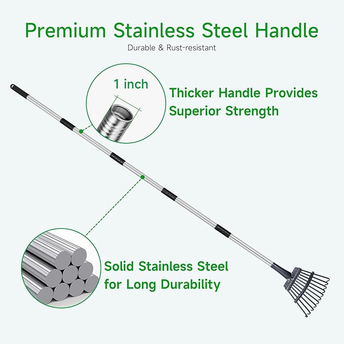 GreatBuddy Adjustable Leaf Rake, 8'' Wide Metal Rake, Perfect for Shrub, Flower Bed & Small Area, 29''- 72'' Expandable Stainless Steel Handle, Easy to Use
