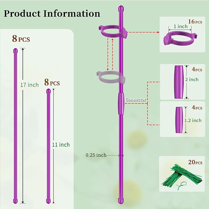 Plant Stakes 17inch &11inch,SupKing Adjustable Length Flower Support Stake 16Pcs Purple Orchid Stick with Clips for Indoor Outdoor Garden Potted Tomato Rose Amaryllis Vegetables Comes with 20 Ties