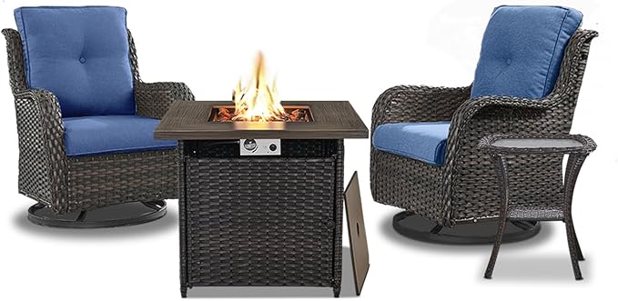 4 Pieces Patio Furniture Set with Fire Pit 50,000 BTU,Outdoor Swivel Rocker Chairs Set of 2 with PE Rattan Side Table,Wicker Outdoor Conversation Set with Rocking Chairs