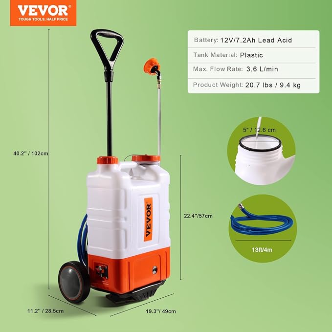 VEVOR 4 Gallon Battery Powered Backpack Sprayer with Wheeled Cart, Adjustable 0-94 PSI, 13FT Hose, 6 Nozzles, 2 Wands Included, Wide Mouth Lid for Weeding, Cleaning, Long Spray Time, White+Orange