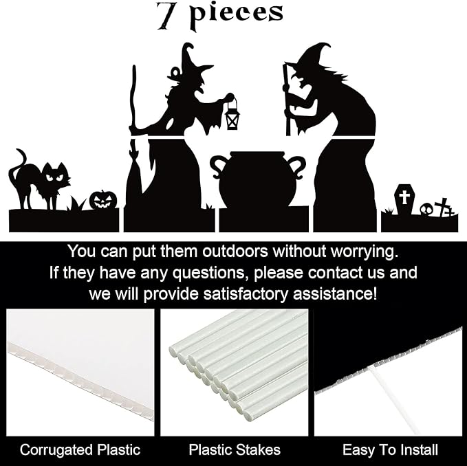 Halloween Witch Silhouette Decorations Outdoor, 5FT Large Halloween Witch Cutout, Black Cat and Cauldron Set, Scary Yard Decor for Lawn, Home, Party, Waterproof and Durable