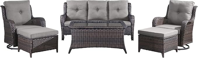 Wicker Outdoor Conversation Set-6 Pieces Outdoor Wicker High Back Couch with Swivel Rocker Chairs Patio Furniture for Deck Poolside Backyard-Brown/Grey