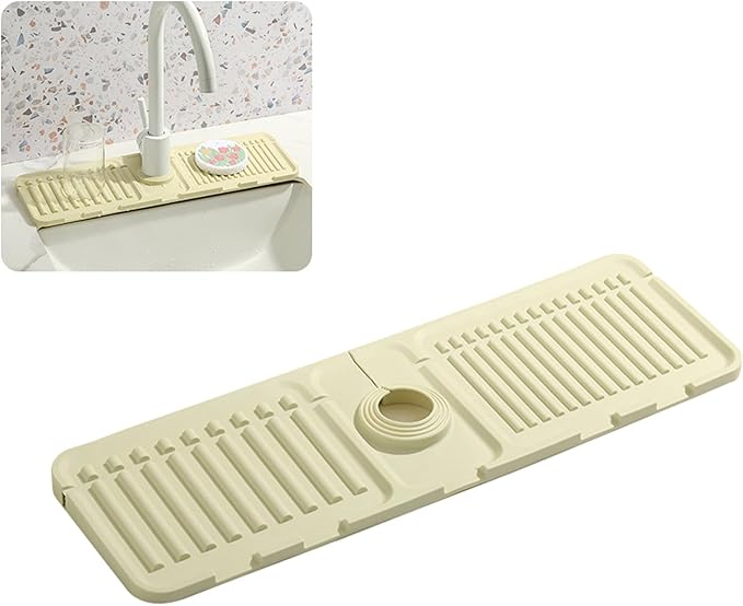 Faucet Mat for Kitchen Sink - 2024 Upgraded Premium Silicone Splash Guard with Fast Drying Properties - Protective Sink Tray Ideal for Stone Sinks in Kitchen & Bathroom (1, Beige)